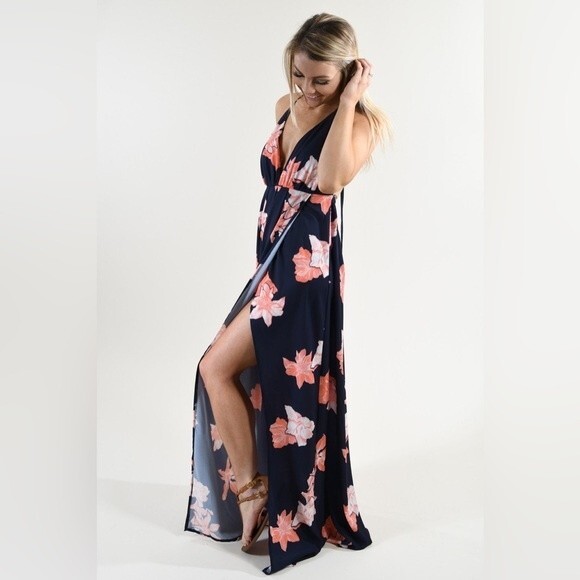 L'ATISTE By Amy Spaghetti Straps Floral Faux Wrap Plunging Backless Maxi Dress S - Picture 4 of 8